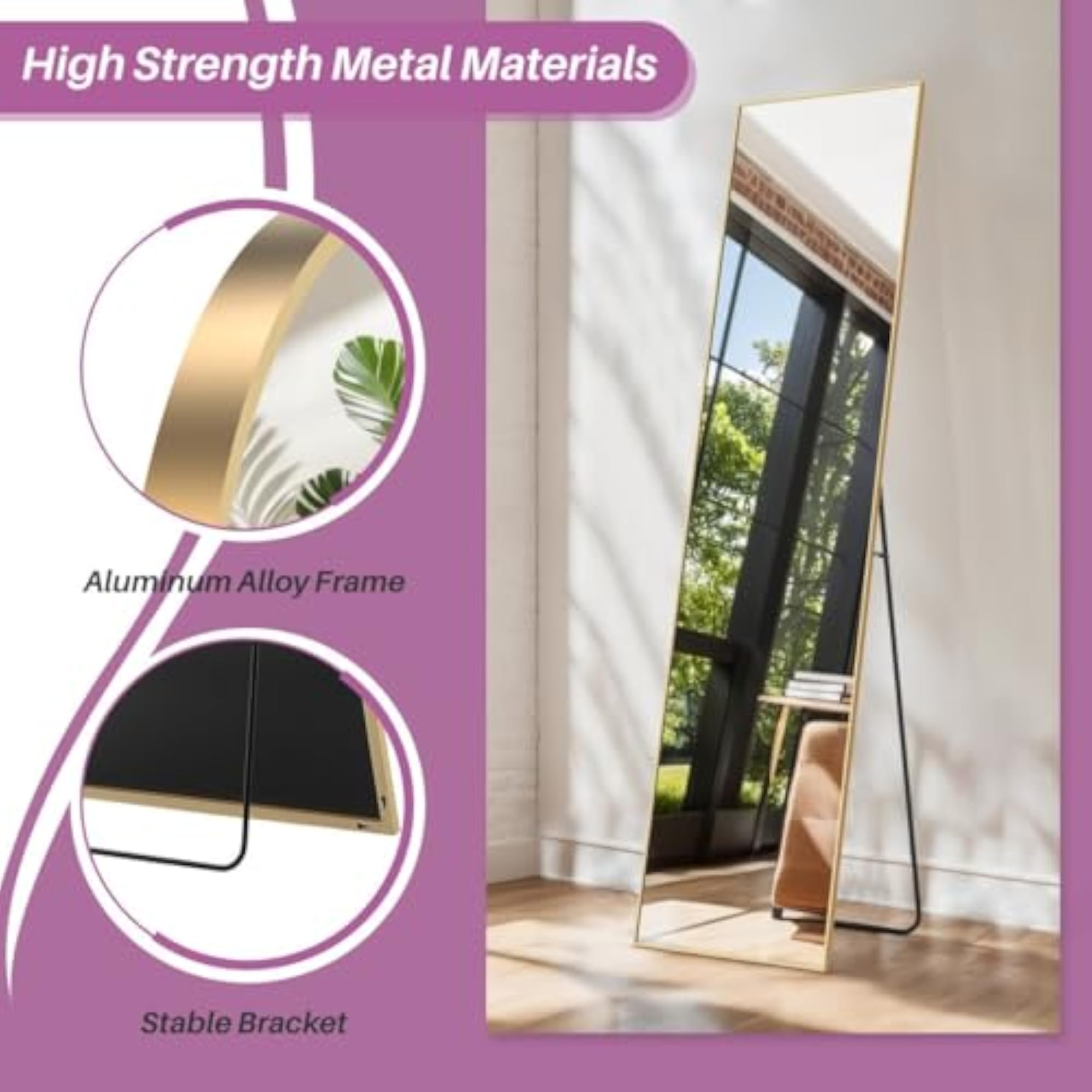 Full Length Mirror with Modern Frame in Black & Gold