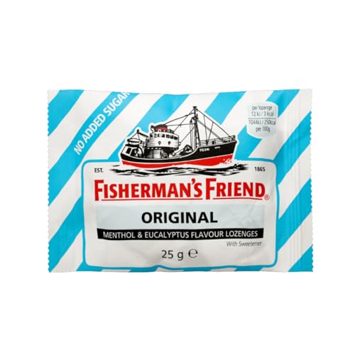 Fisherman’s Friend Eucalyptus, 24er Vorratsbox, Eukalyptus und Menthol Geschmack, ohne Zuckerzusatz & vegan, Bonbons für frischen Atem, 24 x 25g