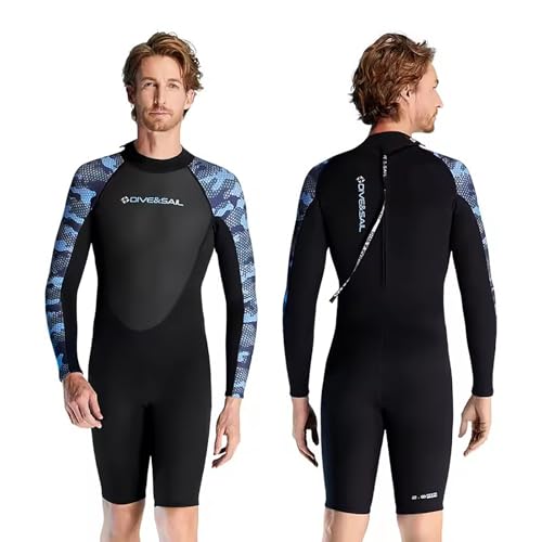 WYYHAA 2MM Neoprene Shorty Wetsuit for Men, One-Piece Back Zip Diving Suit, Long Sleeved Scuba Surfing Suits for Snorkeling Kayaking Swimming,3XL