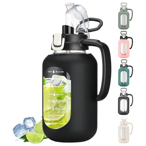 SIEROZUR 64 oz Glass Water Bottle with Lid and Handle Half Gallon Water Bottle with Time Marker Large Water Bottle with Silicone Sleeve for Coffee, Juice Homemade Beverages Cover