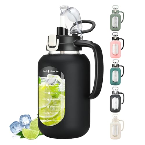 64 oz Glass Water Bottle with Straw and Handle Half Gallon Water Jug with Silicone Sleeve Large Water Bottle for Office, Gym, Outdoor Sports -  SIEROZUR