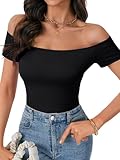 Rooscier Women's Off The Shoulder Short Sleeve Bodysuit Top Black Medium