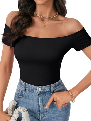 Rooscier Womens Sexy Off The Shoulder Short Sleeve Bodysuit Basic Double Lined Thong Body Suit Tops Black Large