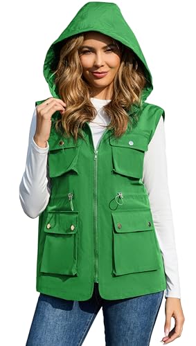 PESION Packbare Militär-Weste für Damen, Oberbekleidung, wasserdicht, Windjacke, Cargo-Weste mit abnehmbarer Kapuze, Grün, M