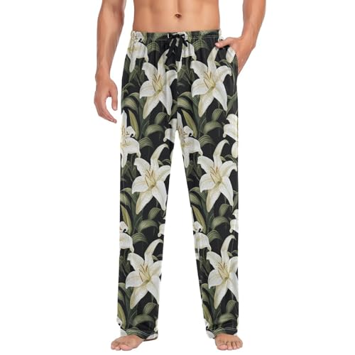 ALAZA Men's White Lily and Plant Sleep Pajama Pant3