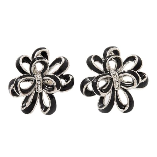 Black Enamel Dimensional Floral Stud Earrings In Silver Plated Metal