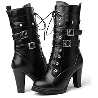 Susanny Steampunk Goth Harley Boots Womens Black High Heeled Combat Boots Gothic Leather Shoes Mid Calf Motorcycle Punk Booties 12
