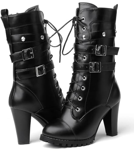 Susanny Mid Calf Goth Boots for Women Harley Boots Black Steampunk Shoes Low Block Heeled Combat Boots Gothic High Heel Lace up Motorcycle Boots 8.5