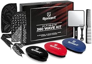 Roman-T 8-in-1 360 Wave Brush Kit - Brush Set for 360 Waves - 3 Wave Brushes, Soft, Medium & Hard - 2 Silky Satin Durag - Black & Black Paisley, Hand Mirror, Comb, Hair Brush Cleaner - Gift Set