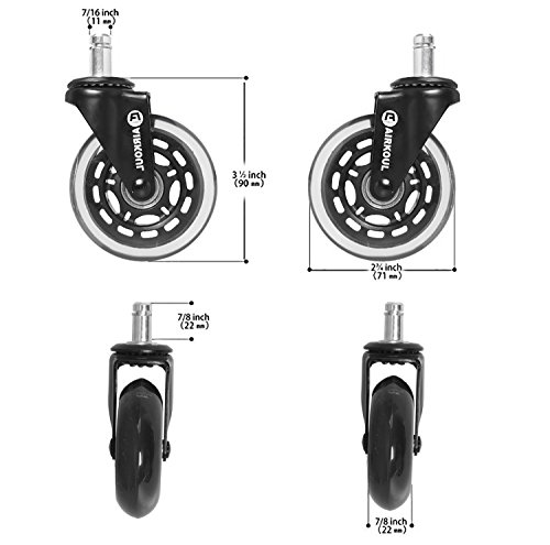AIRKOUL Office Chair Caster Wheels, 5Pcs 3 Inches PU Replacements Wheels Universal Fit Safe for Hardwood & Carpet Floor,Smooth & Quiet