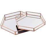 Koyal Wholesale Glass Mirror Hexagonal Trays Vanity Set of 2, Rose Gold Decorative Mirrored Hexagon Trays for Coffee Table, Bar Cart, Dresser, Bathroom, Perfume, Makeup, Wedding Centerpieces