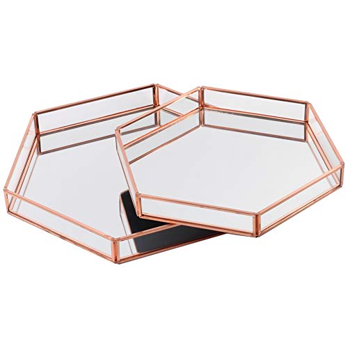 Koyal Wholesale Rose Gold Glass Mirror Hexagonal Trays Vanity Set of 2, Decorative Mirrored Hexagon Trays