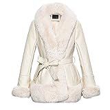 AOWITH Faux Leather Jacket for Women with Faux Fur Collar Long Sleeve Parka with Pockets Warm Winter Parka Coat with Belt Plus Size Outerwear GK007-BEIGE-S
