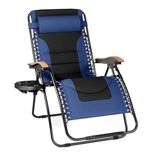 PHI VILLA XXL Oversized Padded Zero Gravity Chair, Foldable Patio Recliner, 30″ Wide Seat Anti Gravity Lounger with Cup Holder, Support 400 LBS (Navy Blue)