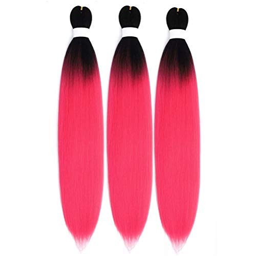 Braiding Hair Pre Stretched Ombre Two Tone Color Rose Red Hair Synthetic Braids Braiding Hair Crochet Braids 24 inches Hot Water Setting 3 Pack