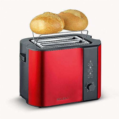 SEVERIN Tostapane Automatico Con Griglia Scaldapanini Integrata, Anche Per Fette Spesse, Per Tostare, Scongelare E Riscaldare, 800 W, Rosso Metallizzato / Nero, AT 2217 - immagine 5