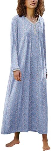 Ekouaer Women Winter Nightgown Long Sleeve Night Shirt Dress Henley Full Length Sleepshirt Chemise Blue XXLarge