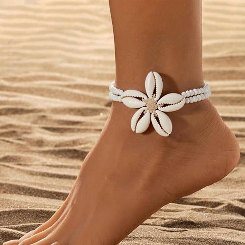 Image of Shell Anklets for Women Shell Beach Jewelry Accessories White Pink Black Flower Ankle Bracelet Summer Vacation Dress Outfits