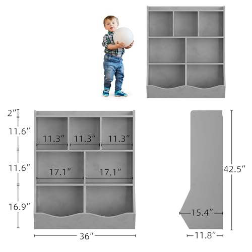 GarveeHome Grey Toy Storage Cabinet, Three-Tier Kids Bookshelf and Bookcase for Storage Books and Toys, Multi Shelf with Cubby Organizer for Bedroom and Playroom