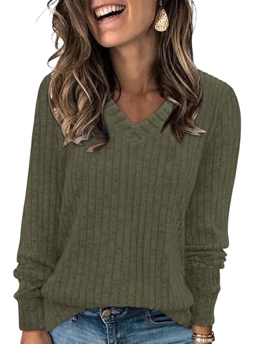 Magritta Women's Jumpers V Neck Long Sleeve Sweatshirt Solid Plus Size Sweaters Basic Tunic Fashion Clothing Ladies Tops Army Green, 26-28