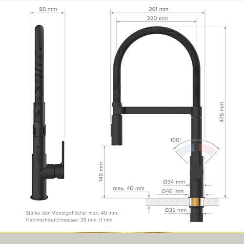 Lenz Küchenarmatur ALUNA in Schwarz matt – mit hochwertiger Markenmischdüse und Markenkartusche – Anti-Fingerabdruck Oberfläche – 46070551