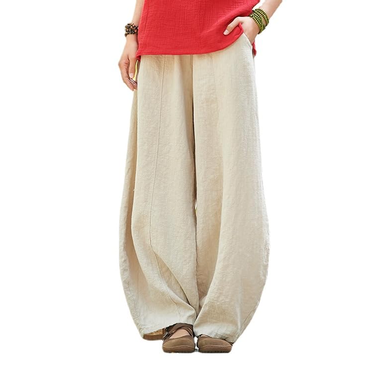 HEARTTOUCH Womens Casual Cotton Linen Baggy Pants with Elastic Waist Relax Fit Lantern Trouser Ramie Wide Leg Trousers