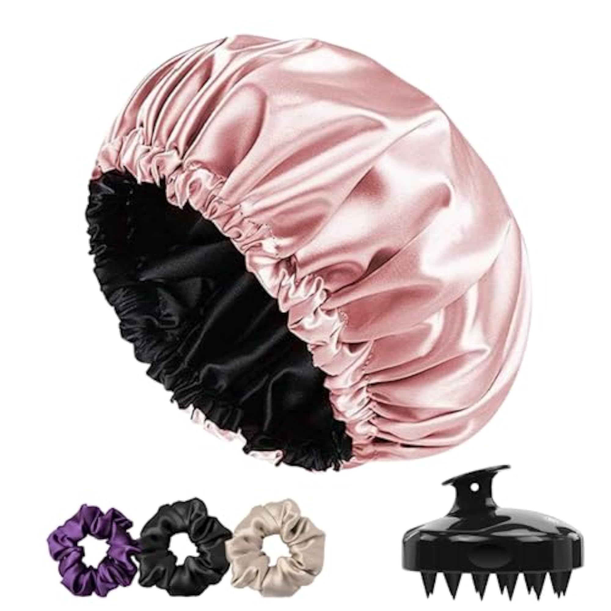 Satin Silk Bonnet with Scalp Massager Brush and 3 Scrunchies