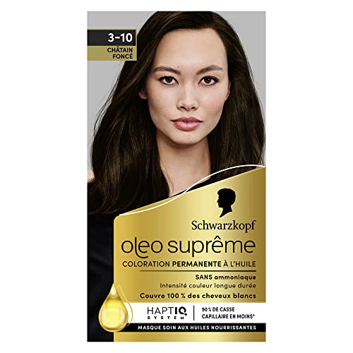 Schwarzkopf Oleo Supreme – Tinte de aceite permanente, color y brillo de larga duración, sin amoniaco, cubre 100% cabello blanco, sistema HaptIQ, color marrón oscuro 3-10
