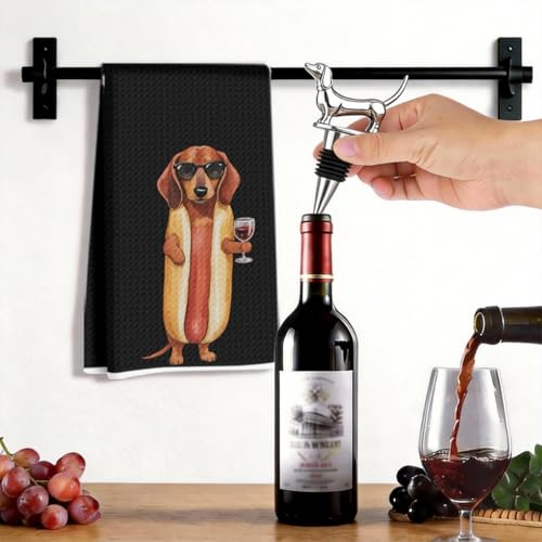 Image of Hanamiya Na Funny Dachshund Kitchen Towels with Wine Bottle Stopper 24x14 Inch, Dachshund Gifts Reusable Dish Towels for Kitchen Bars Decor, Wine Gift Weiner Dog Gifts for Women Men
