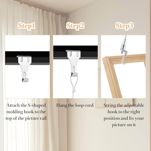 Image of STARVAST 10 Pack Sturdy Picture Rail Hanging System, Stainless Steel Adjustable Picture Hanging Hardware Kit for Wall Pictures, Art Gallery Display, 44 lb Max Load, 78 in Length Cable with Loop