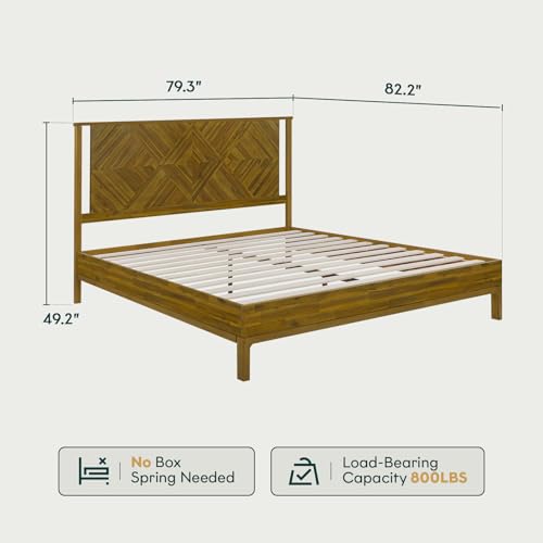 Image of Bme Ethan Solid Wood King Bed Frame with Diamond Headboard - Rustic & Mid-century Modern - Acacia Wood Platform Bed - Compatible with All Mattresses - No Box Spring Needed - Rustic Brown