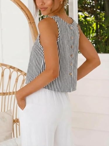 IDEALSANXUN Striped Tank Top for Women 2026 Cotton Linen Cute Crop Spring Summer Tops Sleeveless Shirts Blouses Beach Vacation Clothes, Striped Black, M