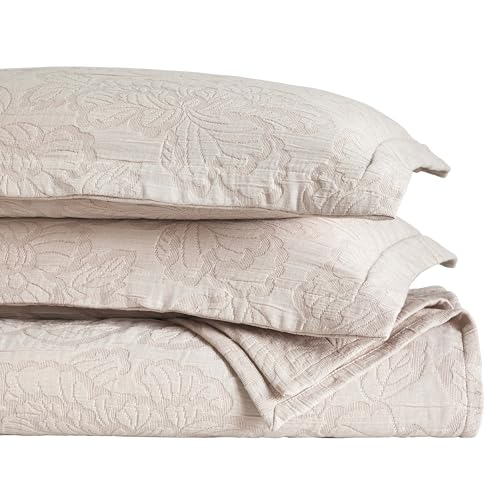 Superior 3 Piece Cotton Bedspread Set, Home Bed Decor, Decorative Bed Spread, 2 Pillow Shams, Medium Weight Blanket, Matelasse Coverlet, Bedding Essentials, Hibiscus Collection, Queen, Blush