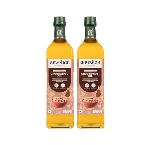 Anveshan Wood Pressed Groundnut Oil, 2Ltrs (2x1000ml each Glass Bottles Packaging) | Kolhu/Kacchi Ghani/Chekku/Ganuga | Peanut Oil | Natural | Chemical-Free | Cold Pressed Groundnut Oil for Cooking