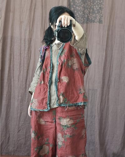 Women's Linen Short Vest Vintage Chinese Printed Sleeveless Clashing Vest Lightweight Casual Vacation Tops Cardigan4