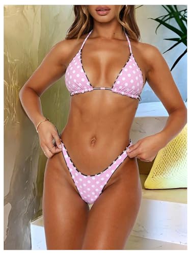 WDIRARA Women's Polka Dots Halter Bikini Set Triangle Thong Swimsuit 2 Piece Bathing Suit2