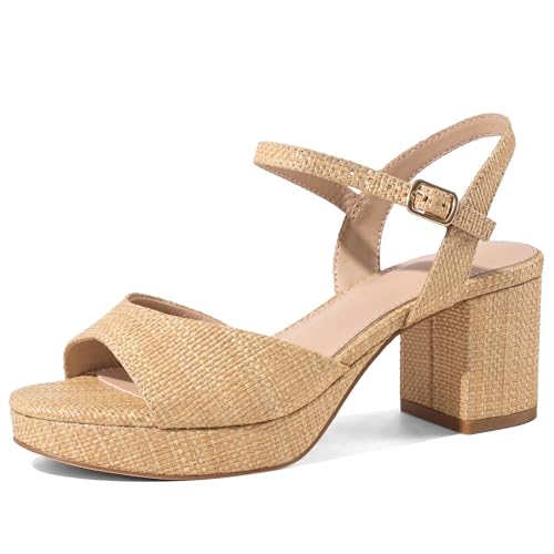 Marc Ford Raffia Platform Heels for Women Chunky Block Low Heels with Buckle Ankle Strap Heeled Sandals Open Toe Summer Vacation Essentials Trendy Shoe Resort Wears Size 8
