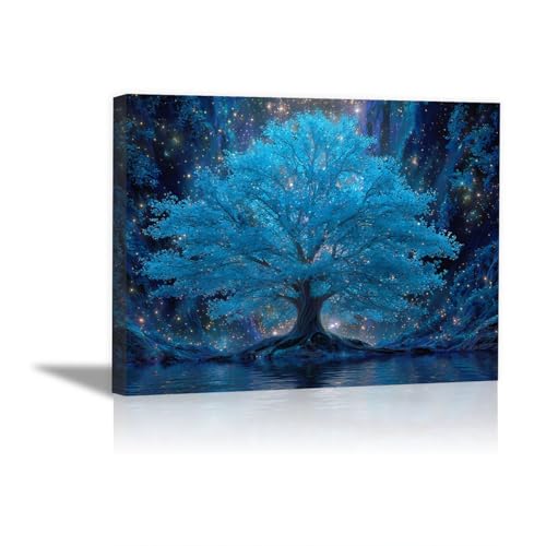 Tableau sur toile arbre bleu lucioles lumineuses forêt magique