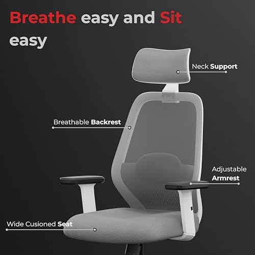 Image of Vertex High-Back Ergonomic Office Mesh Chair 3-Years Warranty by beAAtho- 2D Adjustable Headrest, Armrest & Lumbar Support, Heavy-Duty Metal Chrome Wheelbase-(DIY-Do It Yourself) White-Grey