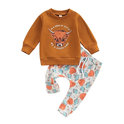 Image of Western Baby Boy Clothes Cow Print Sweatshirt Pullover Top Jogger Pants Set 2Pcs Toddler Boy Fall Winter Outfits