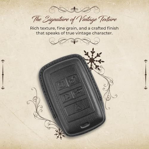 Image of Keyzone Vintage Leather Key Cover for Range Rover: Sport, Evoque, Velar, Discovery, Defender (2018, 2019, 2020, 2021) 5 Button Smart Key (VL-Black)