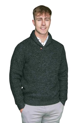 Emerald Isle Aran Fisherman’s Sweater for Men's, Cable Knit Shawl Collar Pullover Made in Ireland (US, Alpha, Large, Regular, Regular, Atlantic Marl)