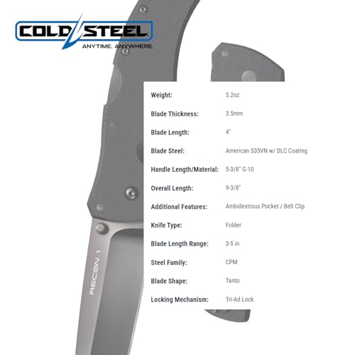 Image of COLD STEEL Recon 1 4 inch S35VN Razor-Sharp Blade 5.375 inch G-10 Handle Tactical Folding Knife w /Tri-Ad Lock, Ambidextrous Pocket /Belt Clip
