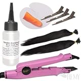 haarverlängerung set Starter Set 27 Teile: 20 Bonding Strähnen a 0,5g, 1 Wärmezange Modell 611 Pink mit Temperaturregler bis 220°, 1 Bondinglöser 50ml stark lösend mit Auftragspitze, 5 Teile Zubehör (1 Fingerschutz, 1 runde Schutzschablone, 3 Haarklammern)