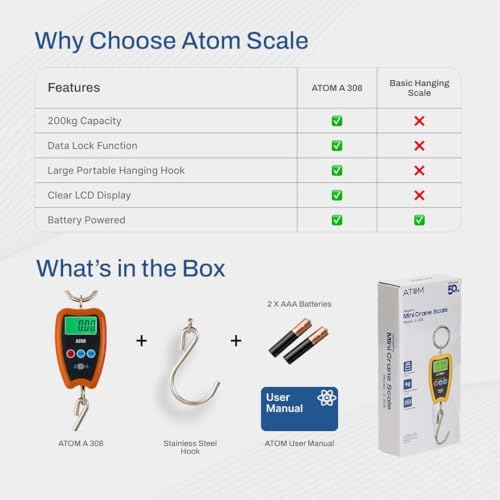 Image of ATOM A308 Weight Machine for Luggage & Travel (200 Kg) | Luggage Weighing Scale for Flights | Portable Digital Hanging Scale with Tare & Pointed S-Shaped Hook, 100 g Accuracy, LCD Display, Handy Size