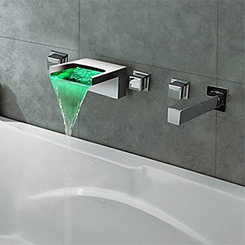Contemporary LED Chrome Waterfall Spout Tub Filler Bathtub Faucet With Pull-out Handle Sprayer Brass Valve Shower Faucet Combo Mixer Taps,LED Color Changing by Temperature - Thumbnail 2