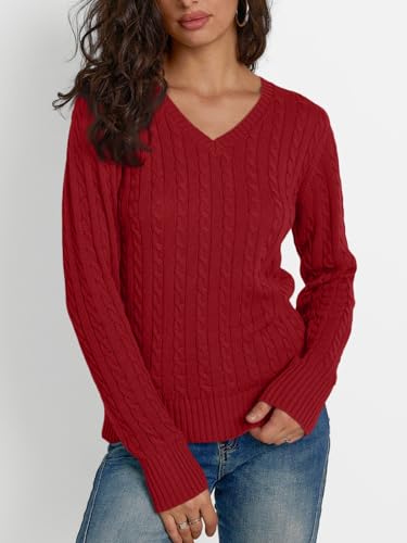 Image of LILLUSORY Women's Cable Knit V Neck Lightweight Soft Pullover Sweaters