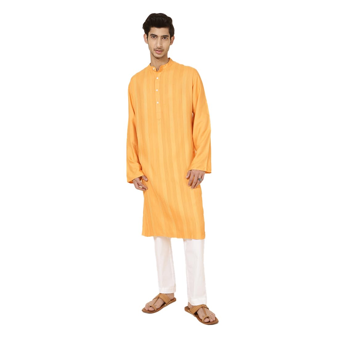fabindia Men's Silk Blend Slim Kurta (20062835_Yellow-picture-45