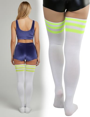 Image of ToBeInStyle Women's Heavyweight Knit Thigh High Long Socks w /Contrast 3 Stripe Top Band - White /Neon Green