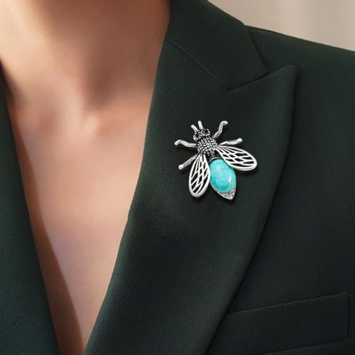 Image of Turquoise Bee Brooch Pin for Women Men Silver Plated Fashion Rhinesonte Blue Birthstone Bumblebee Honeybee Animal Insect Brooches Lapel Pins Boho Dress Accessories Birthday Holiday Jewelry Gift